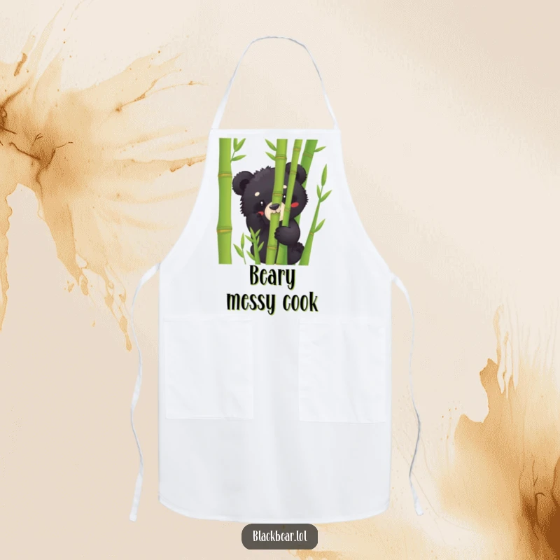 Funny black bear cub apron peeking from bamboo, ideal for chefs and home cooks who love a touch of humor.