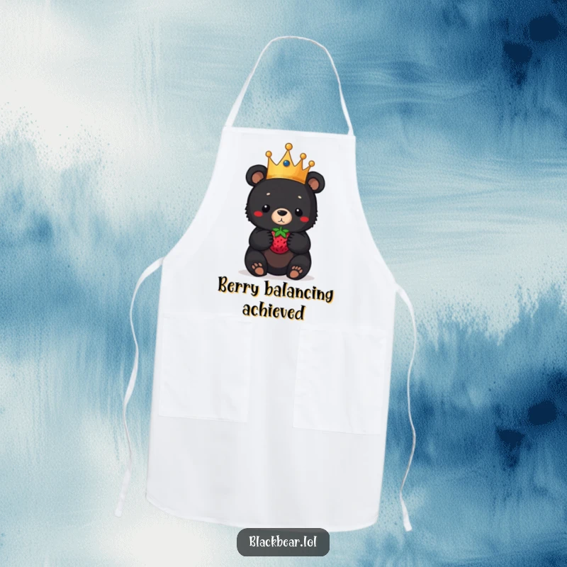 Funny black bear cub apron, a cub in a crown balancing a berry on its nose, adding regal humor to cooking tasks.