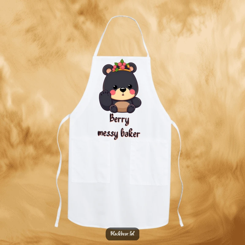 Funny Black Bear King Apron, wearing a berry crown and ready to cook, bringing regal humor to the kitchen.