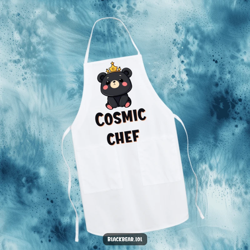 Enchanting apron showing a black bear with a crown of stars gazing at the moon, adding a magical touch to kitchen activities.