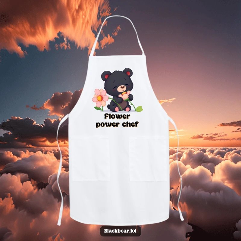 Funny curious black bear cub apron depicting a cub sniffing a flower with delight, adding humor to gardening or cooking.