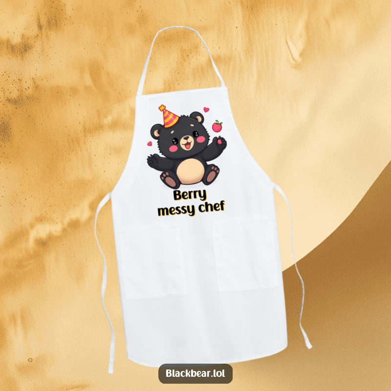 Funny Apron: Playful black bear cub wearing a party hat, juggling berries, bringing festive humor to kitchen tasks.