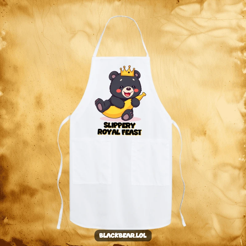 Funny black bear cub royalty wearing a crown slips comically on a banana peel while cooking on this apron.