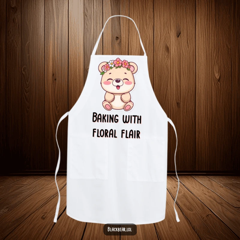 Funny bear cub giggling, topped with a slightly askew flower crown, on a kitchen apron, adding humor to cooking.