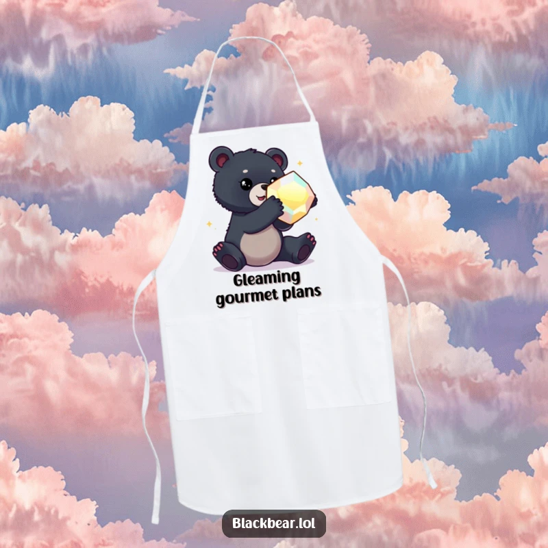 Funny apron featuring a black bear cub reaching for a large, shimmering gem, adding a touch of ambition to cooking.