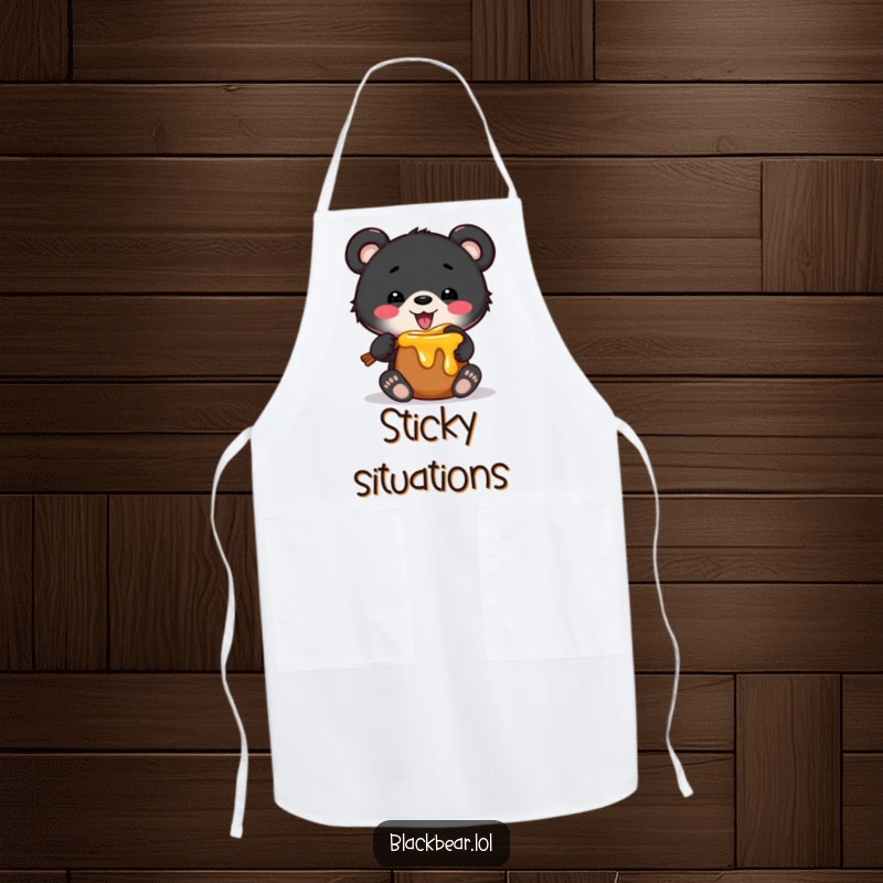 Funny apron showing a black bear cub humorously attempting to fit into a small honey pot, adding a sweet and comical touch to cooking.