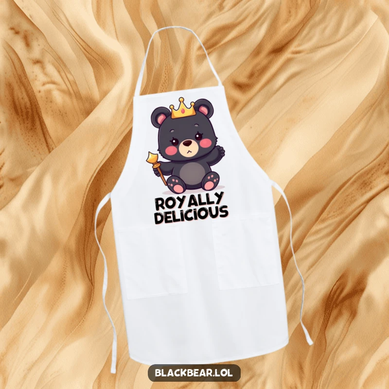Funny apron featuring a cute bear cub wearing a crown and holding a scepter, perfect for a royal cook.