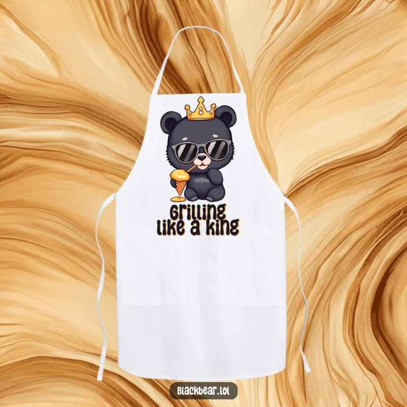 Funny Apron: A curious black bear cub wearing a crown and sunglasses, tasting honey from a cone, perfect for ruling the kitchen with sweetness.