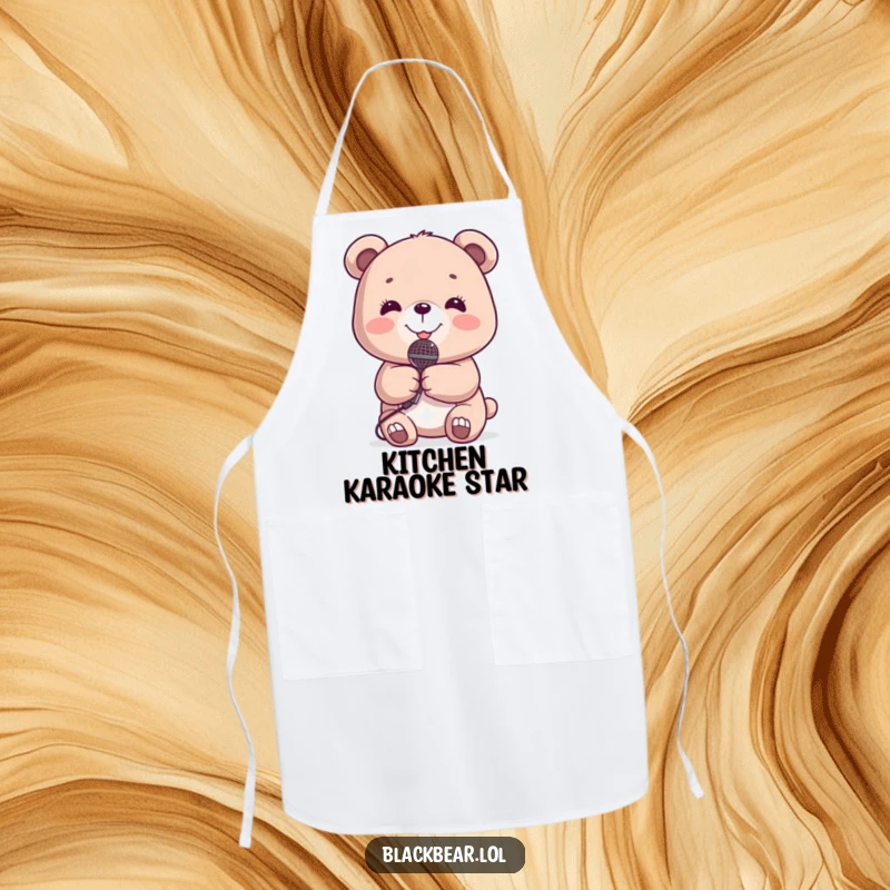 Funny Apron: Bear cub holding a microphone, smiling broadly, ready to sing while cooking.