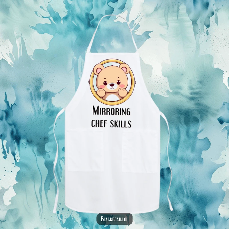 Funny bear character peeking from behind a mirror, on a kitchen apron, adding a humorous and curious element.
