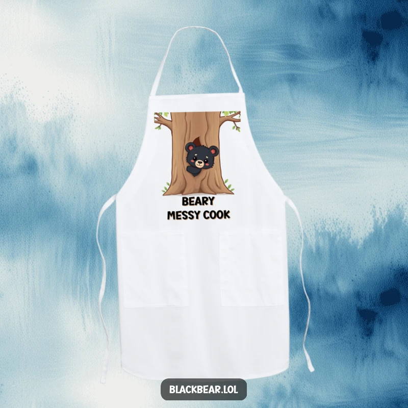 Funny Black Bear Cub Apron: A charming apron with a curious black bear cub peeking from behind a tree, designed for fun in the kitchen.