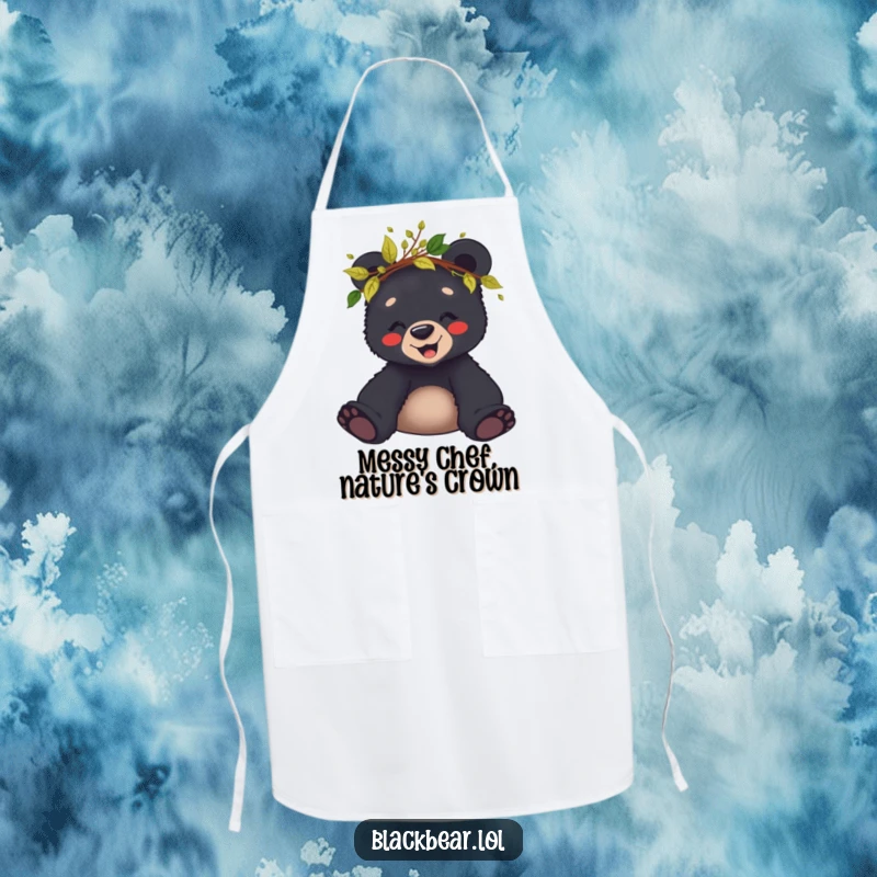 Funny apron of a giggling black bear cub wearing a crown made of leaves and twigs, ready for kitchen fun.
