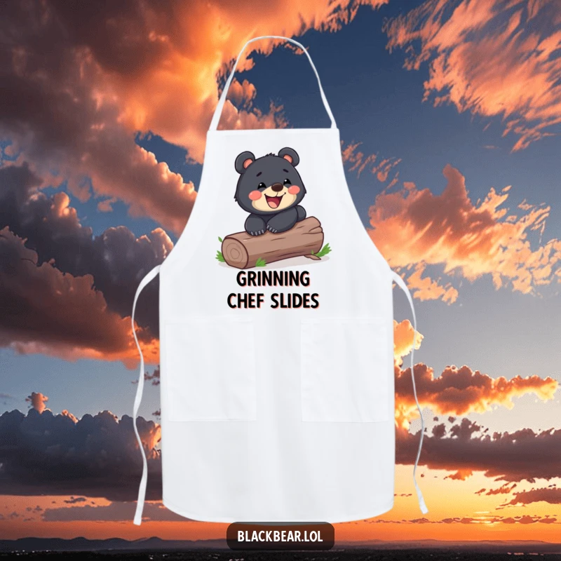 Funny playful black bear cub sliding down a log with a wide grin on a kitchen apron. Playful and humorous forest animal accessory.