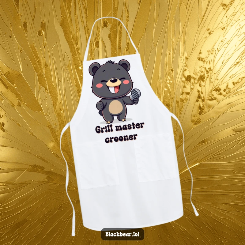 Funny apron featuring a mischievous black bear cub holding a microphone, ready to add fun to cooking.