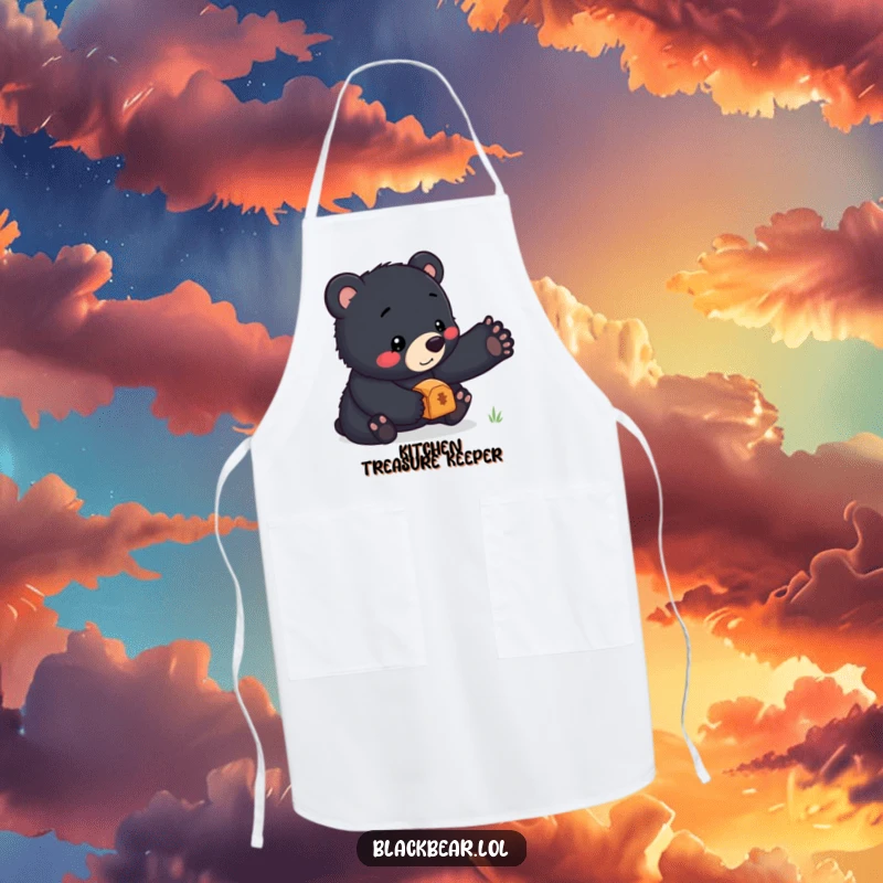Funny apron showcasing a black bear cub with incredible focus, balancing a small treasure perfectly on its nose while you cook.