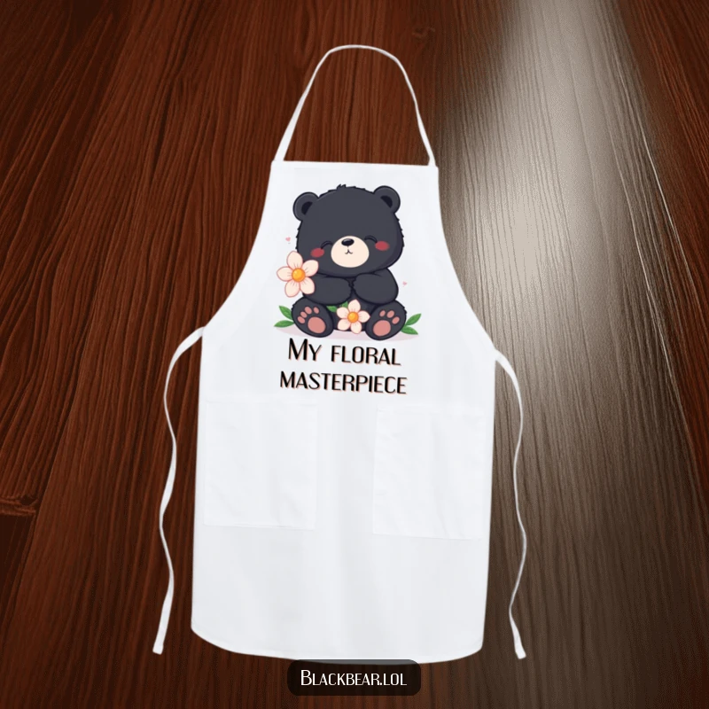 Funny apron featuring a content black bear holding a large flower, designed for humorous and practical kitchen protection.