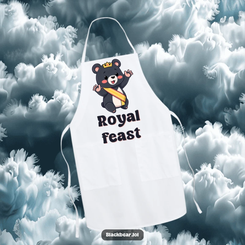 Funny black bear cub apron wearing a sash, giving a mock royal wave, for regal kitchen tasks.