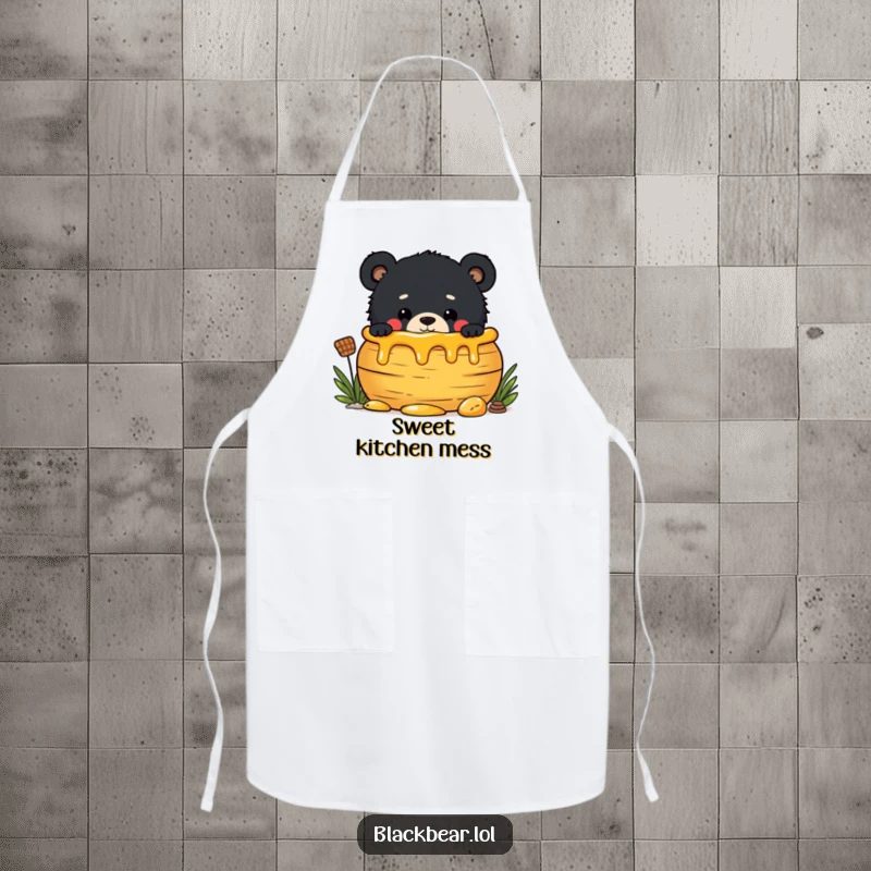 Funny apron showing a mischievous black bear cub peeking around a large honey pot, ready to whip up a sweet treat.