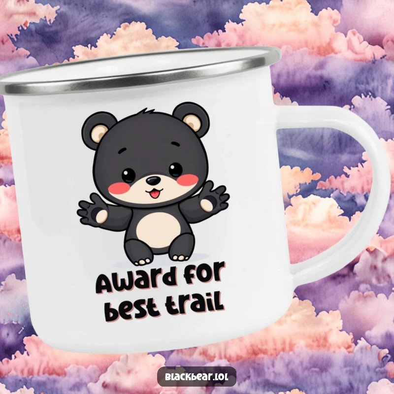 Funny Award Bear Cub Camping Mug: Bear cub extends paws to present an award, perfect for outdoor enthusiasts and funny campfire stories.