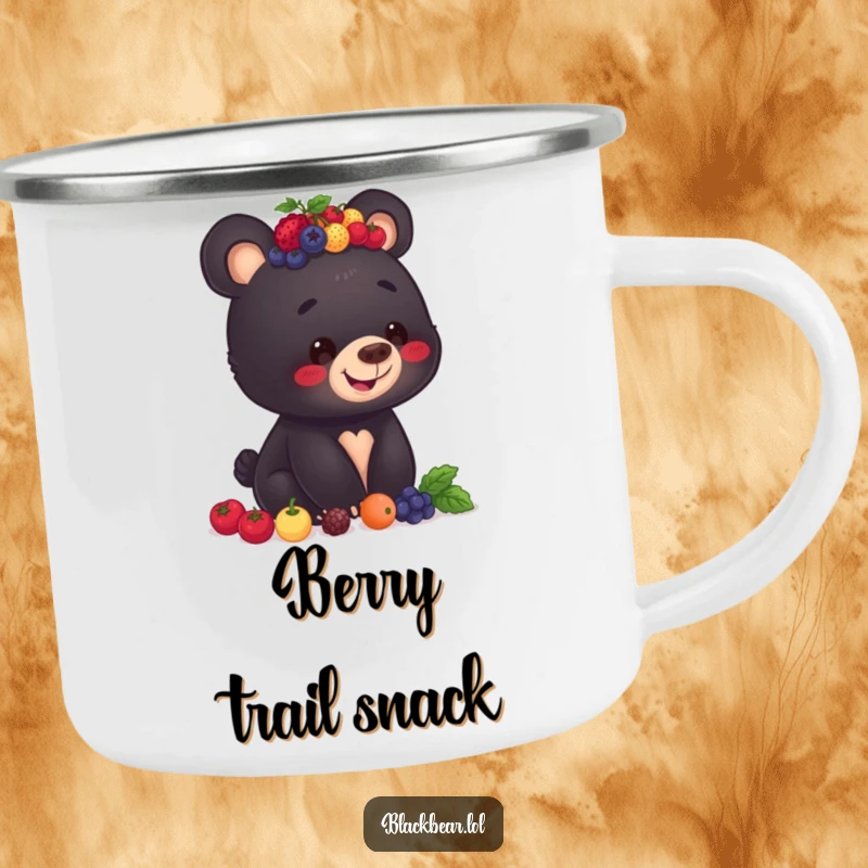 Funny camping mug featuring a smiling black bear cub balancing a pile of berries on its head, perfect for outdoor enthusiasts.