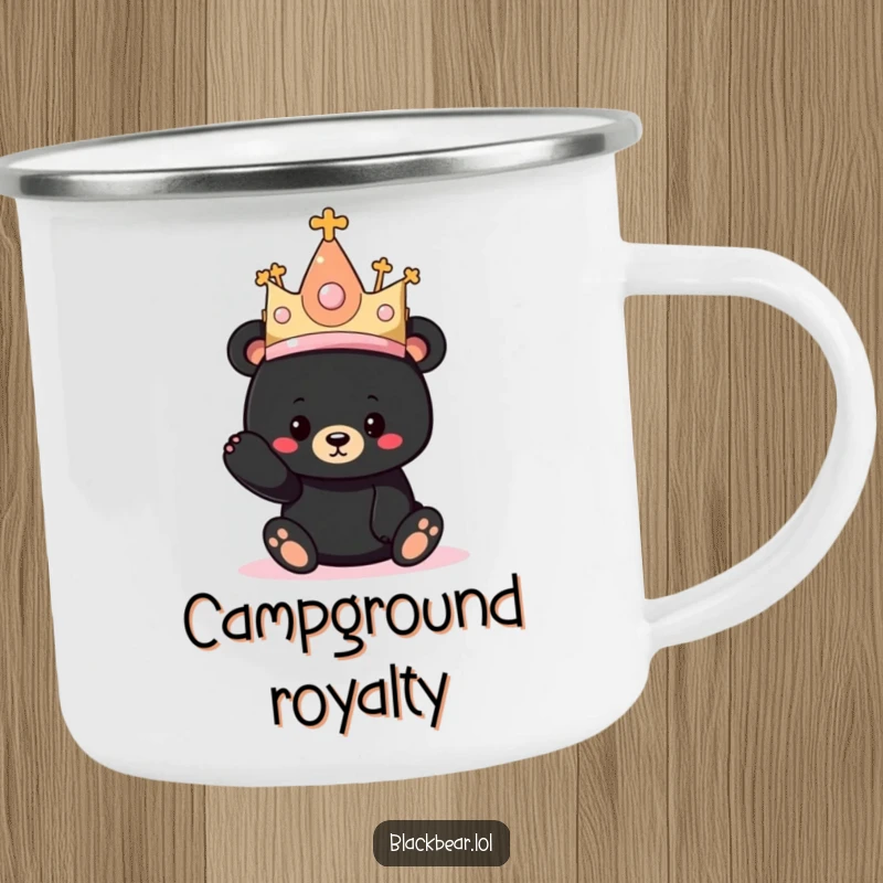 Funny camping mug showing a black bear cub wearing a comically large princess hat, perfect for outdoor enjoyment.