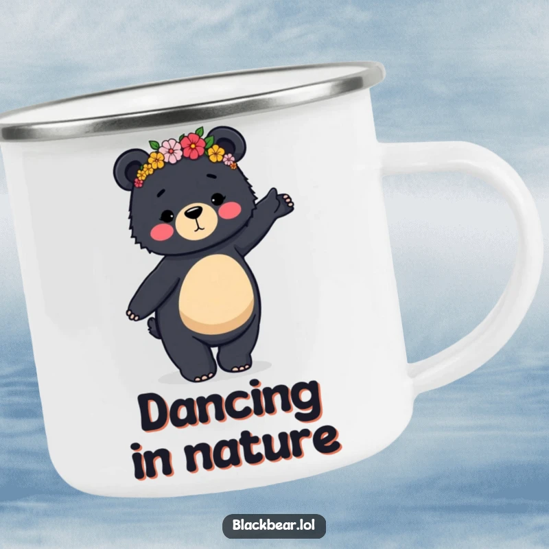 Funny camping mug with a black bear in a flower crown doing a clumsy, graceful dance, durable and humorous.