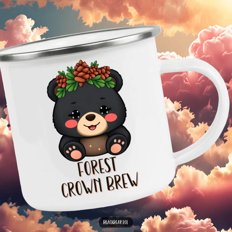 Funny Camping Mug: Cheerful black bear cub with a pinecone crown waves hello, perfect for outdoor charm and humor.