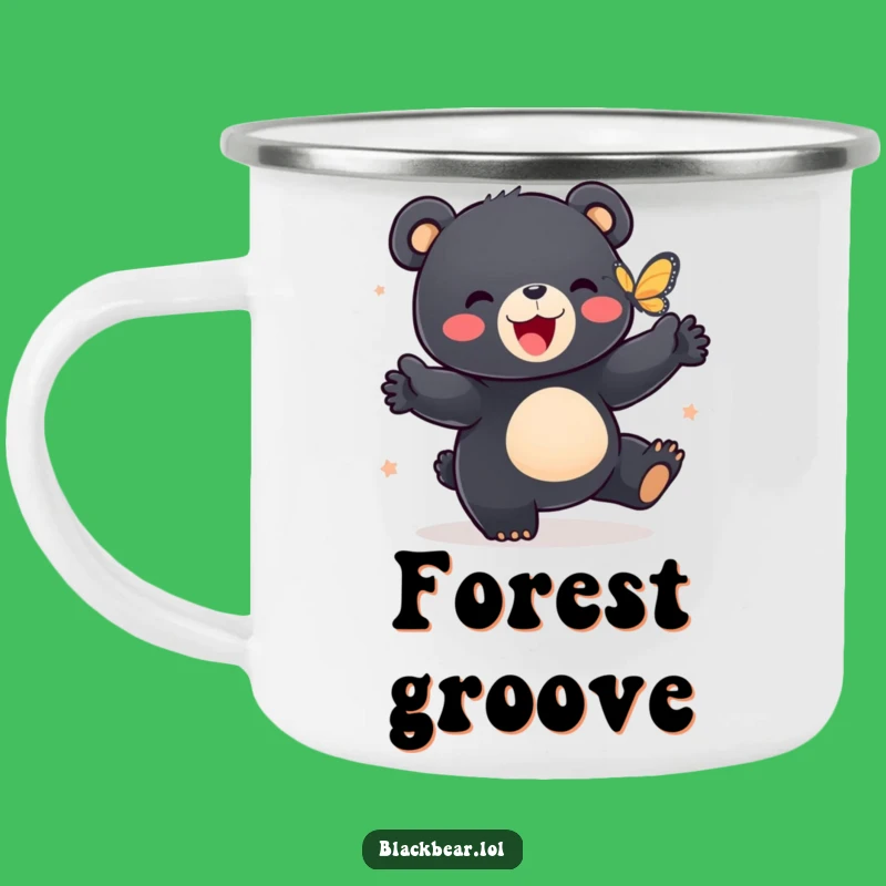Funny Bear Cub Dance Camping Mug: Durable Black Bear Cub & Butterfly Enamel Mug, a Rugged Funny Gift!