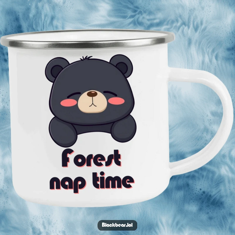 Funny black bear camping mug with a bear lounging, sighing contentedly with closed eyes, ready for peaceful adventures.