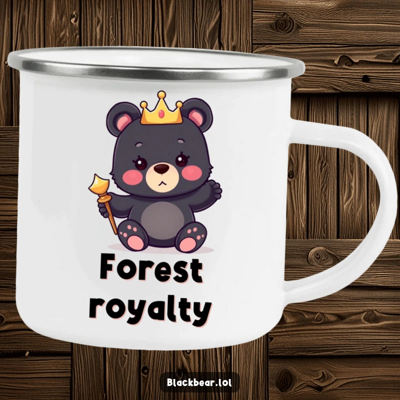 Funny camping mug with a cute bear cub wearing a crown and holding a scepter, perfect for royal outdoor trips.