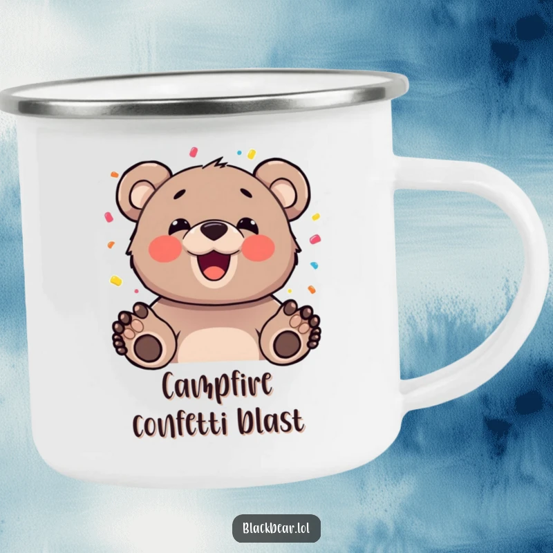 Funny bear cub with a happy expression tossing confetti on a durable camping mug, adding festive humor to camping.