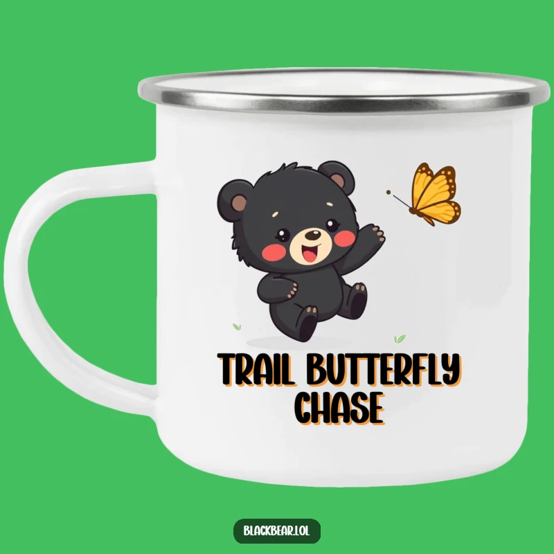 Funny Bear Cub Butterfly Camping Mug - Happy Chase Enamel Cup, Perfect Funny Gift