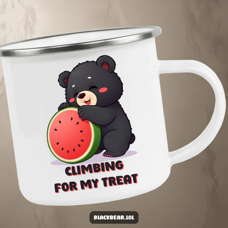 Funny camping mug showing a chubby black bear cub comically climbing a watermelon, perfect for wilderness trips.