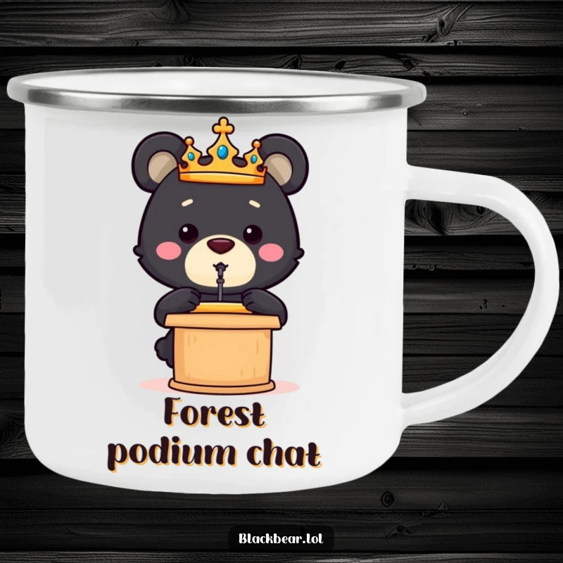 Funny crowned black bear cub giving a speech from a podium, perfect for campfire talks on this camping mug.
