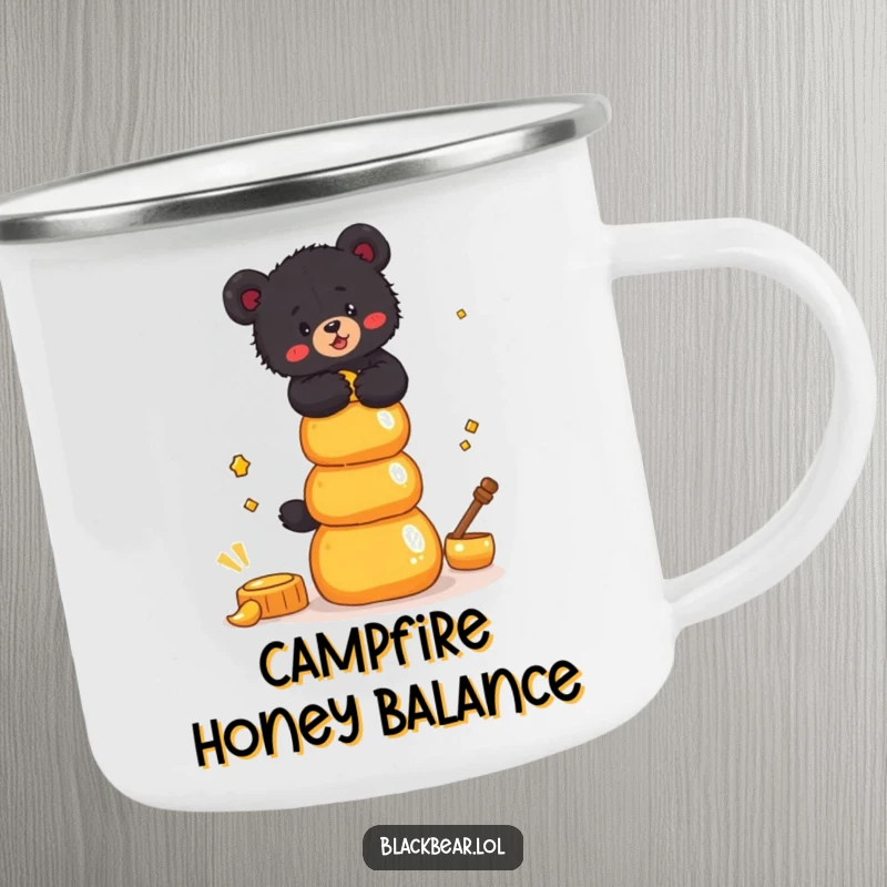 Funny Camping Mug print of a black bear cub balancing a stack of honey pots, ideal for outdoor humor.