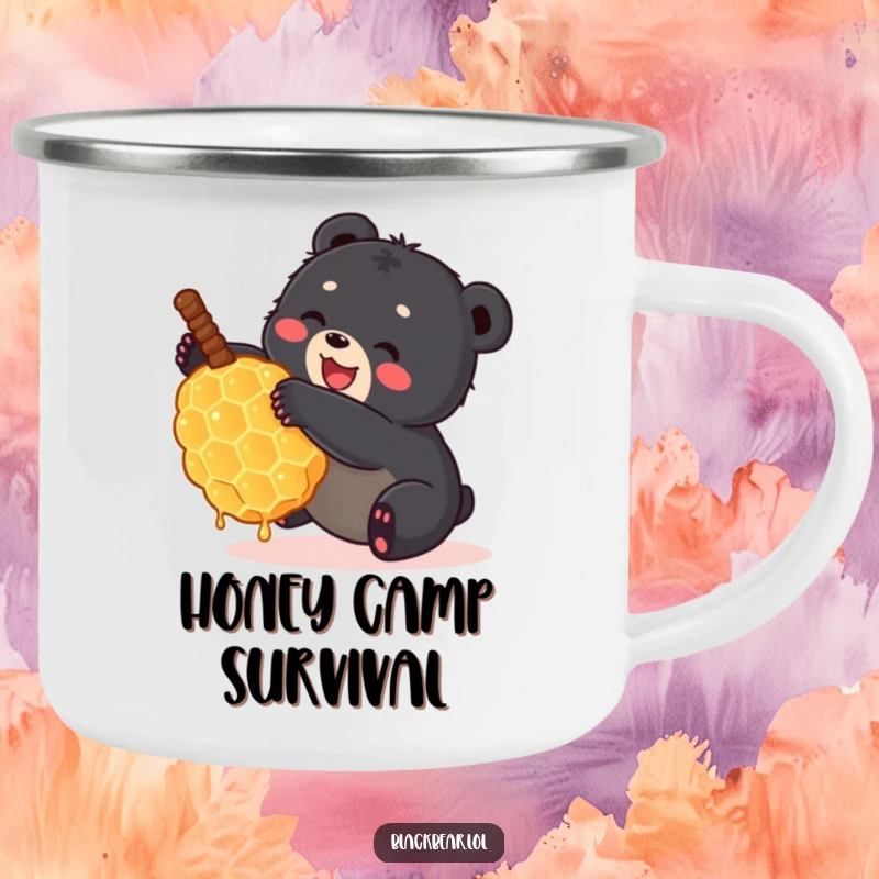 Funny small black bear cub tumbling with a giant honeycomb on a rugged camping mug. Adorable and humorous forest animal enamel cup.