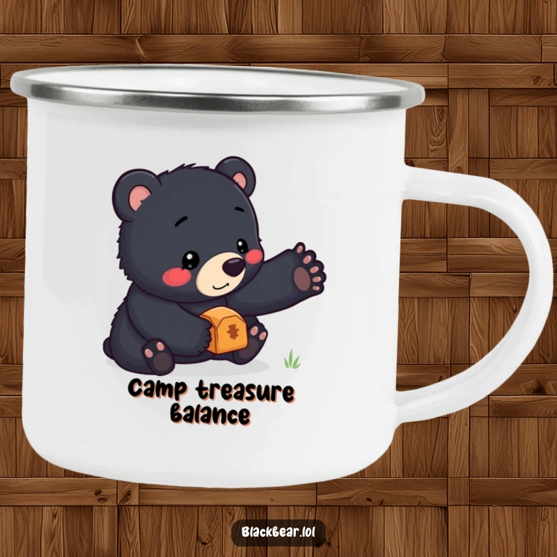 Funny camping mug featuring a cute black bear cub balancing a small treasure on its nose, perfect for enjoying beverages outdoors.