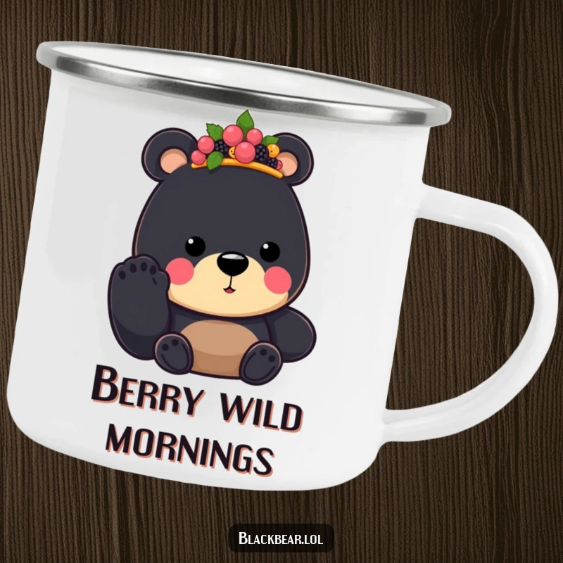 Funny Black Bear King Camping Mug, adorned with a berry crown and offering a paw, bringing regal humor to outdoor adventures.