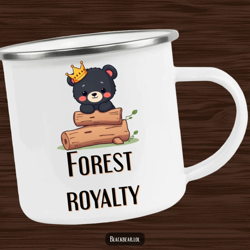 Funny Camping Mug: Cute black bear cub wearing a tiny crown balances on a log, for outdoor royalty.