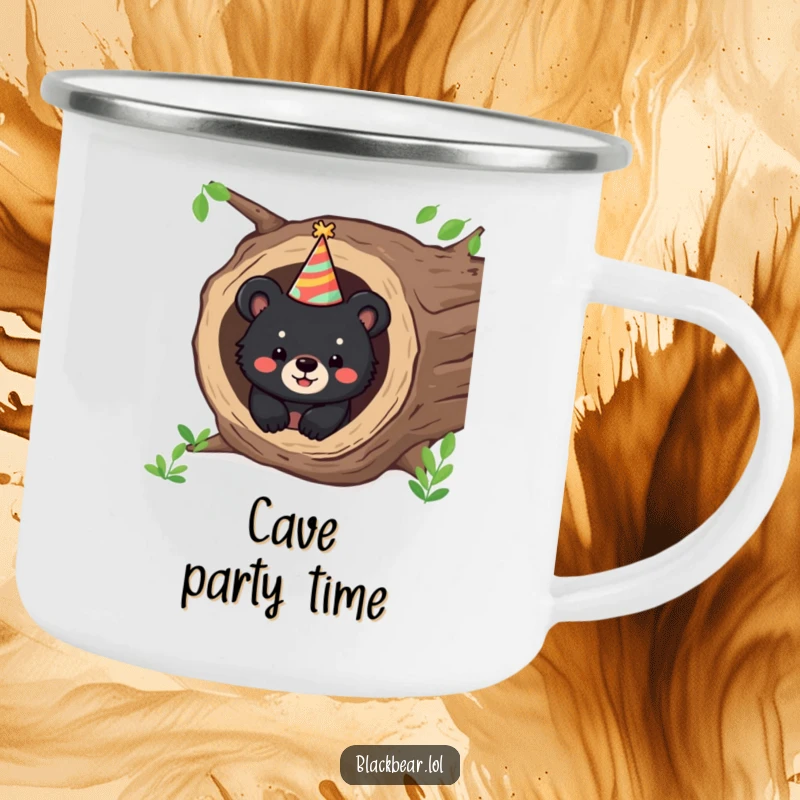 Funny camping mug with a happy bear cub peeking from a hollow log wearing a party hat, perfect for celebratory trips.