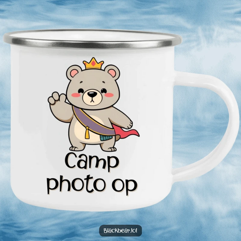 Funny Camping Mug: Bear with a regal sash, striking a dramatic pose, ready for outdoor adventures.
