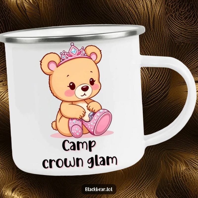 Funny Camping Mug: Bear cub with a tiara, trying on large, sparkly shoes, ready for adventure.