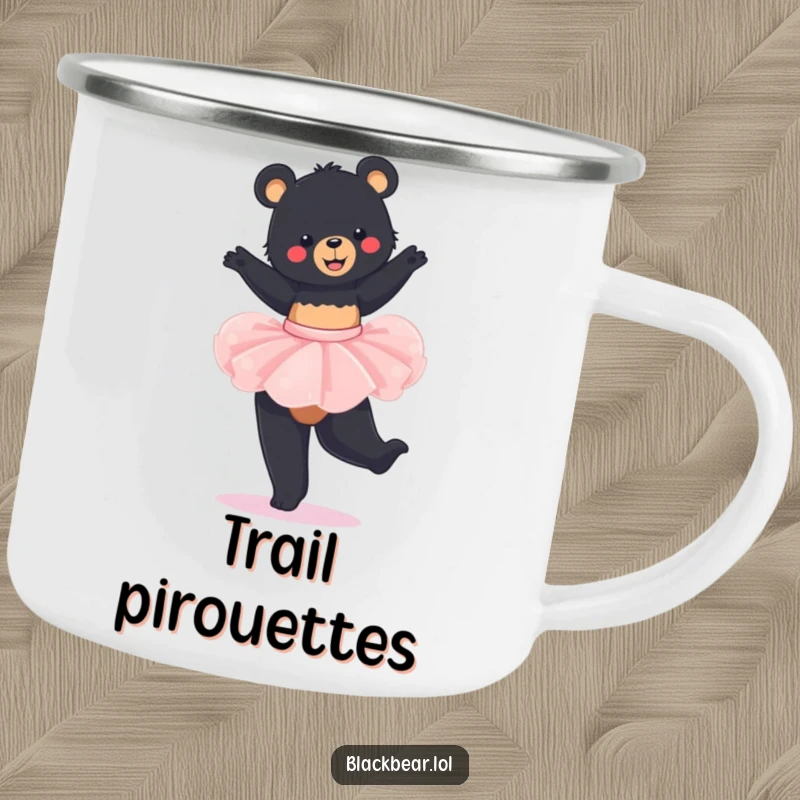 Funny Camping Mug: Black bear cub wearing a tutu, happily twirling, perfect for outdoor enthusiasts.