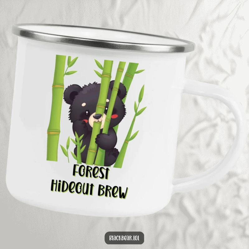 Funny black bear cub camping mug peeking from bamboo, designed for outdoor enthusiasts who appreciate humor and adventure.