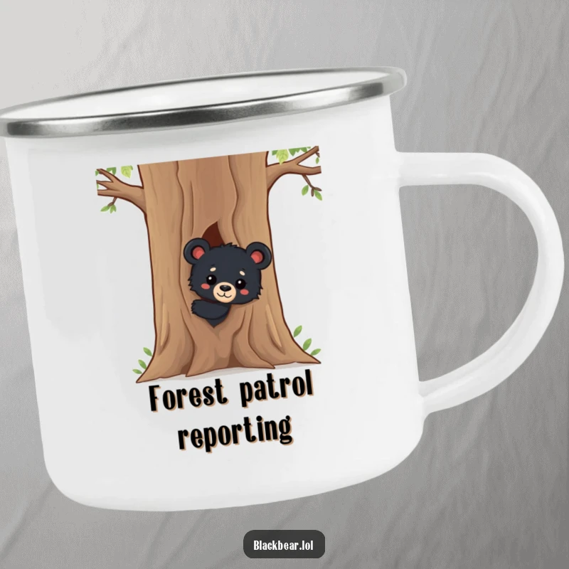 Funny Black Bear Cub Camping Mug: A durable mug featuring a curious black bear cub peeking from behind a tree, perfect for sipping coffee or tea outdoors.