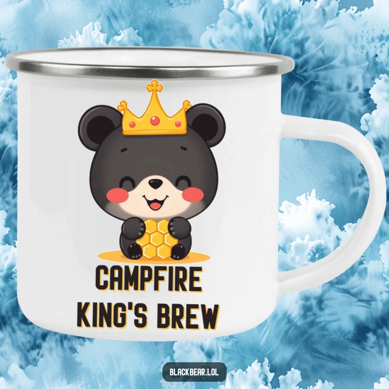 Funny camping mug with a black bear cub in a small crown balancing a honeycomb on its nose, ready for outdoor fun.