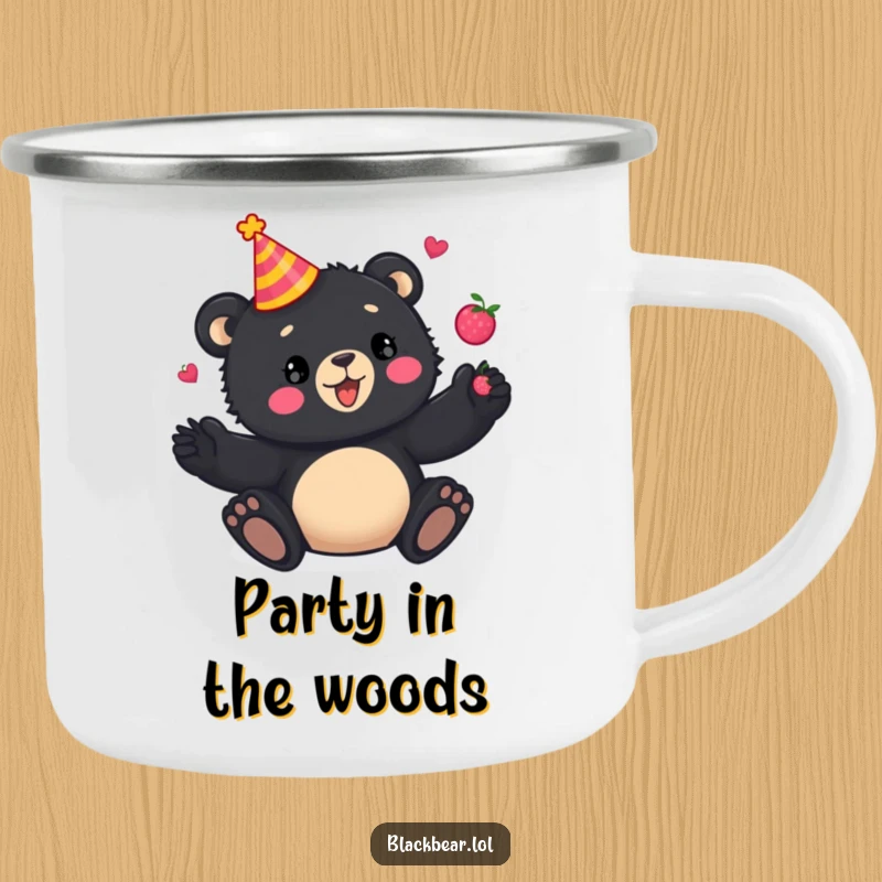 Funny Camping Mug: Playful black bear cub in a party hat, juggling berries, perfect for outdoor beverages and festive humor.