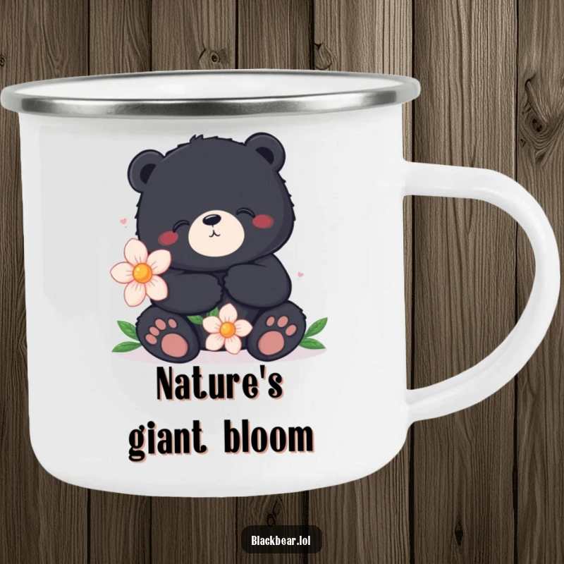 Funny camping mug showing a content black bear holding a large flower, perfect for outdoor enjoyment with a touch of peace.