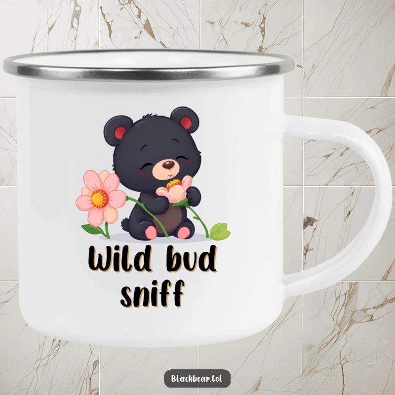 Funny curious black bear cub camping mug of a cub sniffing a flower with delight, perfect for nature lovers.