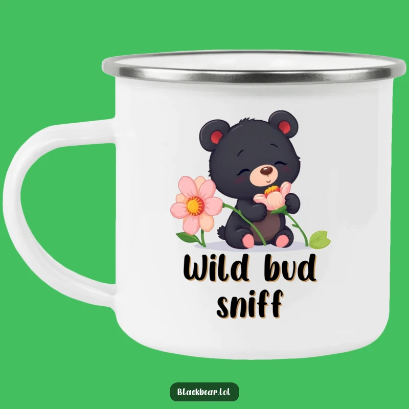 Funny Curious Bear Cub Flower Camping Mug: Adventure's Delightful Aroma
